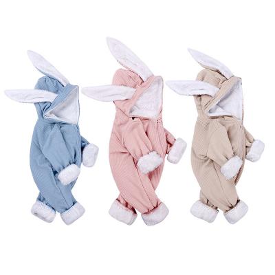 China New Product 100% Spring, Autumn and Winter Cotton Rabbit Ears Stitch Baby One-Piece Stripe Romper Plus Velvet Romper for sale