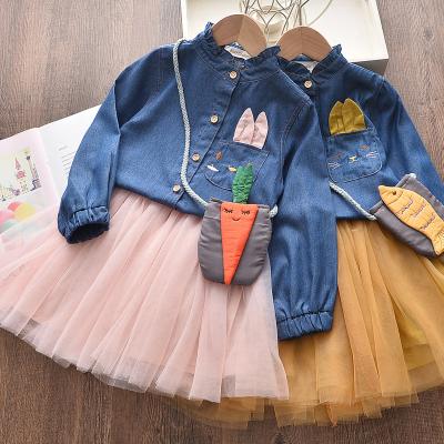 China Fashion Princess Kids Costume Denim Soft Yarn Dress Long Sleeve Baby Dresses And Bag for sale