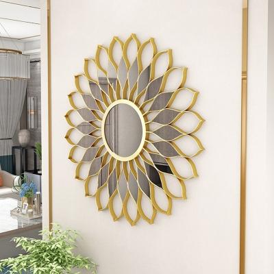 China Modern Home Decoration Iron Large Sunflower Decor Wall Mirror For Living Room Sunflower Design Wall Hanging Golden Decorative Mirror for sale