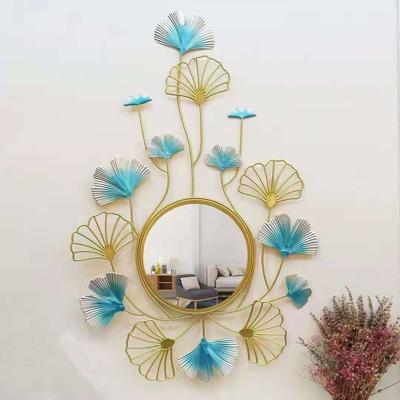 China Modern Decorative Wall Mirror Iron Decorations For Living Room Metal Home Wall Hanging Mounted Leaf Decor Mirror for sale