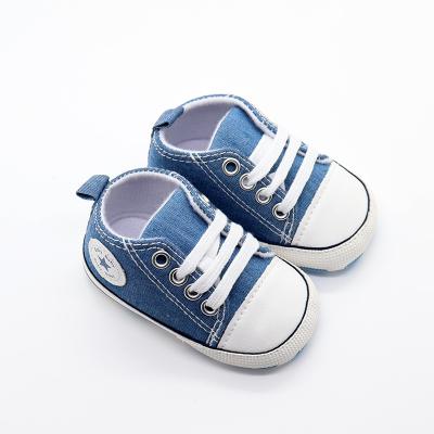 China Sale# Denim Flat Hot Girls Blue Boys Soft Sole Casual Sneaker Lace Up Baby Canvas Shoes for sale