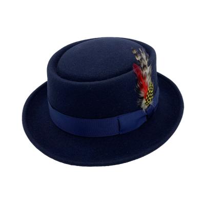 China Wholesale Fashion Mens Dobby Hat 100% Wool Felt Fedora Porkpie Hat Flat Top Short Brim Wool Hats With Feather Vintage Jazz Trilby for sale