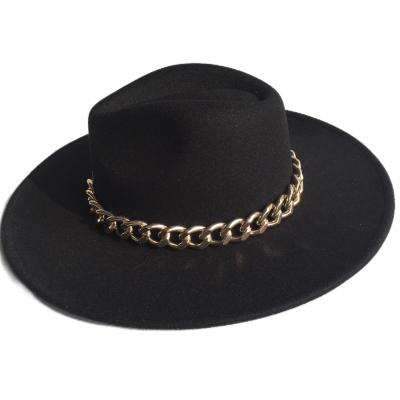 China New Fashion Faux Wool Felt Fedora Hat Wide Brim Solid Color With Gold Chain Luxury Style Jazz Hat Trilby For Women Wool Men for sale