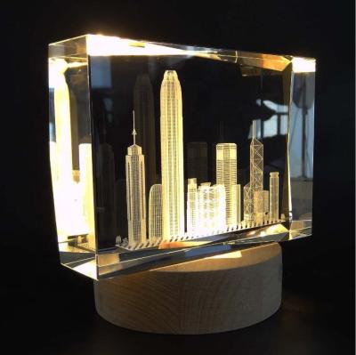 China Global color led light 3d laser engraving crystal cube with building for wholesale crystal 3d cube as a gift for sale