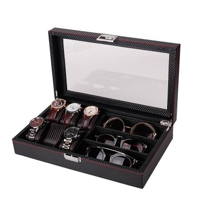 China Classic 6+3 Slot Watch Box Carbon Fiber Case Organizer Leather Glasses Jewelry Storage Box Black Display Cabinet for sale