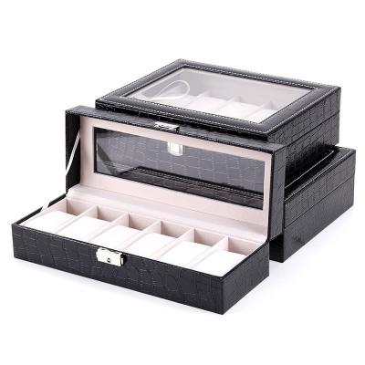 China Handmade 6/10/12 Grids Leather Watch Box Display Case Holder Black Storage Box Glass Jewelry Organizer for Men & Women Best Gift Box for sale