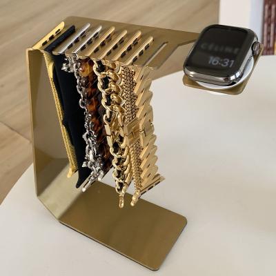 China Durable Colorful Stainless Steel Watch Display Stand Holder Bracket Organizer Watch Strap With Base for Apple Watch iwatch Charging for sale