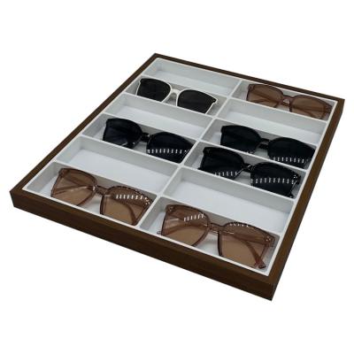 China Glasses Packing Walnut grain wood 12-position eyeglasses sales tray sunglasses counter display viewing tray for sale