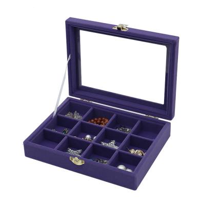 China Morden Velvet Jewelry Box With Glass Cover Jewelry Ring Display Box Tray Holder Storage Box Organizer for sale