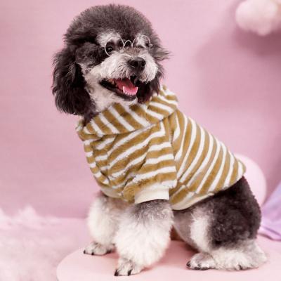 China New Style Sustainable Wholesale Soft Fleece Pet Hoodie Winter Velvet Dog Hoodie Beige Striped Clothes for sale