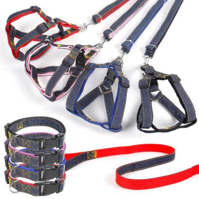 China Custom Durable 4 Color Denim Harness With Leash Collar Set Denim Collar Black Red Color Blue Harness for sale