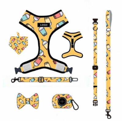 China Custom Print Breathable Pet Harness Colorful Personalized Dog Harness And Leash Collar Set With Bandana for sale