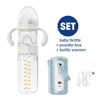 China BPA Free Portable Overnight Car Travel USB Warmer 240ml Infant Baby Feeding Bottle With Handle Powder Storage Powder Dispenser for sale