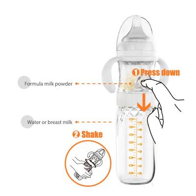 China Wholesale 240ml BPA Free 2 in 1 Baby Wide Glass Newborn Milk Mouth Feeding Bottle with Handle and Powder Storage for sale