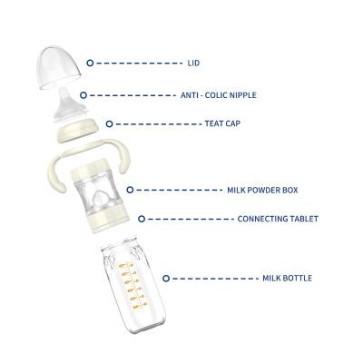 China BPA Free Quicks Brew Wide Neck Instant Glass Newborn Baby Feeding Milk Bottle With Handle And Powder Storage for sale