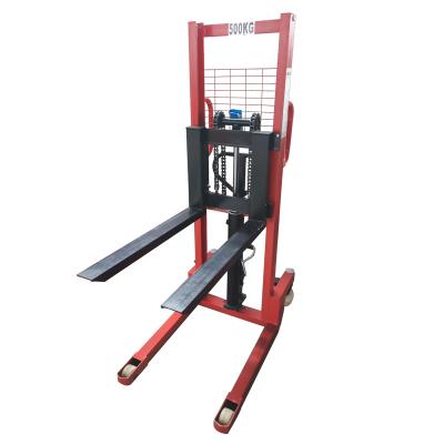 China Hotels Small Stacker 500Kg 1M Portable Self Loading Pallet Lift Hand Stacker Forklift for sale