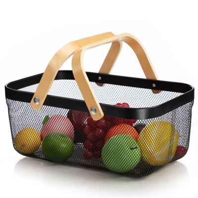 China CLASSIC Multifunctional Metal Wire Harvest Storage Basket Hanging Bin With Wooden Handles for sale