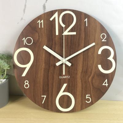 China Antique Style 12 Inch Night Light Silent Non-ticking Veggsklukkur Luminous Wooden Wall Clock for sale