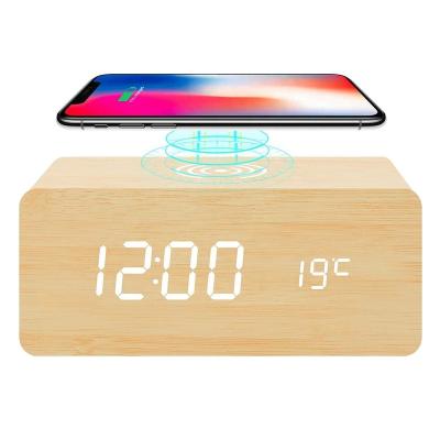 China Minimalist Wooden Led Alarm Clock Charger Wireless Charging Led Usb Desktop Digital Electronic Alarm Clock for sale