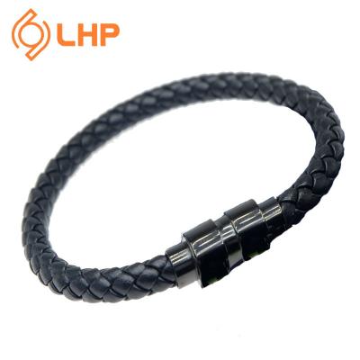 China High quality creative woven style dark brown 16-21cm black FASHIONABLE retro smoke stone leather bracelet with magnet buckle for sale