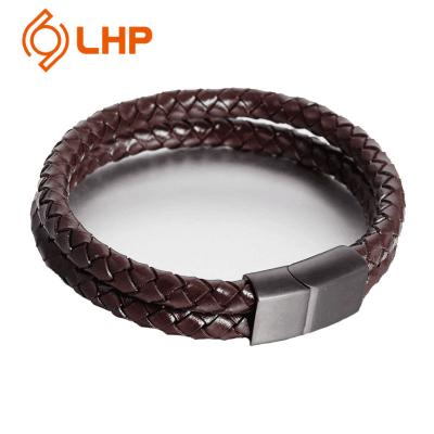 China 21cm Custom Real Cowhide Leather Braided Leather Bracelet Fashion Waterproof Handmade Leather Design Double Wristband for sale