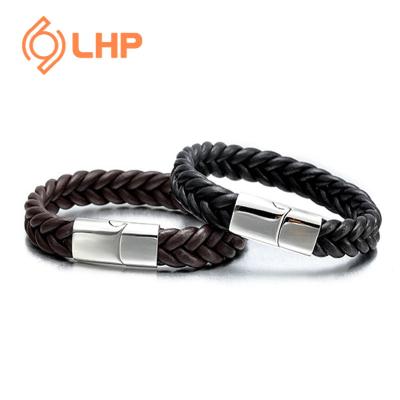 China TRENDY handwoven fashion punk bracelets in a variety of colors, with simple woven stainless steel buckle leather bracelet for sale