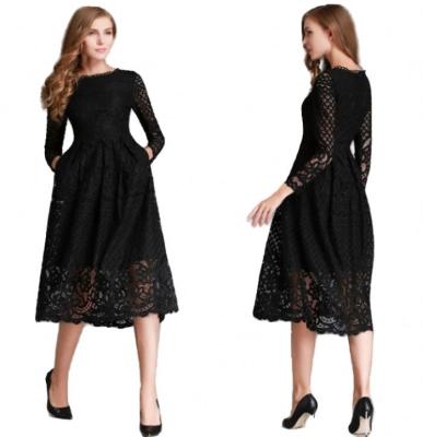 China 2021 Women Breathable Simple Elegant Round Neck Long Sleeve Plus Size Black Lace Casual Dress for sale