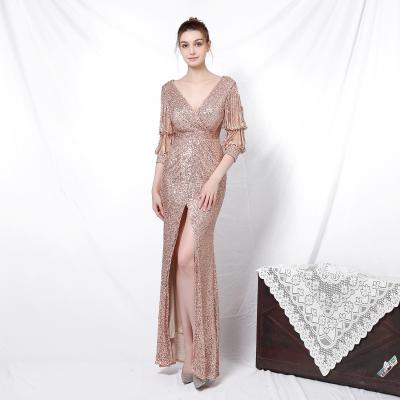 China New Style Banquet Temperament Viable Elegant Long Sleeve Female Sequined Fishtail Evening Dress for sale