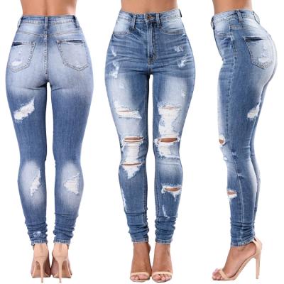 China Women's slim pencil 2021 viable fashion casual blue waist high skinny pants females ripped plus size jeans for sale