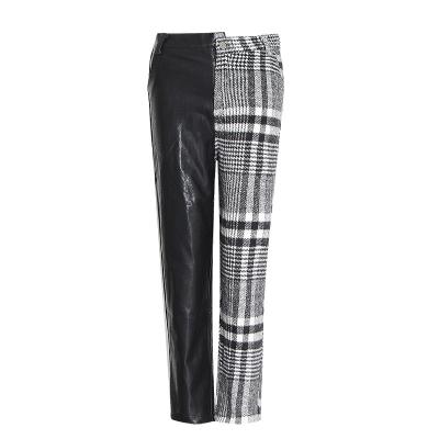 China New Viable Contrast Color PU Plaid Women's Slim Cropped Leather Women's Straight-Leg Pants Straight-Leg Pants for sale