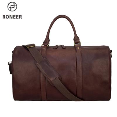 China Custom New Products Water Resistant Roneer Logo Men Travel Luggage Bags Genuine Leather Gym Duffel Bag Brown for sale