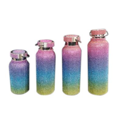 China Wholesale Viable 500ml Glitter Bling Iridescent Stainless Steel Double Wall Tumbler Diamond Studded Crystal Water Bottle for sale