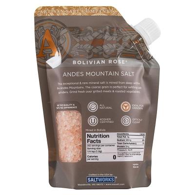 China Blend Sea Salt OEM Printing Logo Organic Pack Bag All Natural Pour Spout Pouch 16 oz Coarse Grain Bolivian Rose Andes Mountain Salt for sale