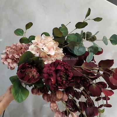 China Beautiful Wedding Flower Decorative Dark Red Artificial Single Stem Colorful Runner Silk Rose Hydrangea Flower For Sale for sale