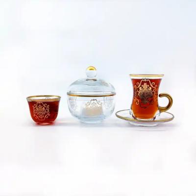 China Arabische transparante theekopjes en schotels Glas 19pcs koffiezetapparaten Te koop