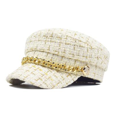 China Retro mosaic chain fashion woolen gold female COMMON beret autumn winter octagonal beret line plaid 100 match hat for sale