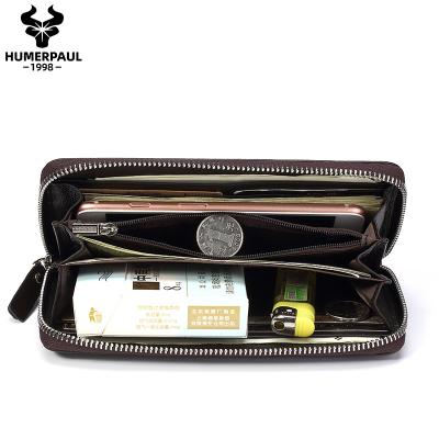 China HUMERPAUL Long Zipper Business Wallet Silver Multi-Functional Wrist Clip Leather Cell Phone Wallet Clutch Wallet Leather For Men for sale