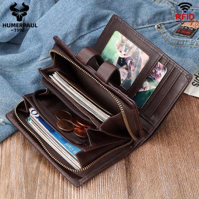 China HUMERPAUL RFID Logo Real Leather Zipper Real Leather Short Bifold Wallet Coin Card Holder Wholesale Custom Bag Clips Men's Wallet for sale