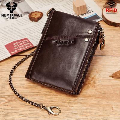 China HUMERPAUL RFID Men's RFID Pocket Coin Purse Zipper Wallet Key Chain Genuine Leather Short Mens Wallets Retro Card Holders For Men for sale