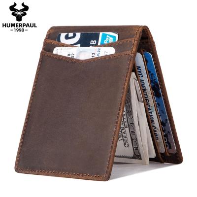 China Vintage HUMERPAUL Horse Money Leather Clip Bifold Leather Card Holder Pocket Maker Men Crazy Slim Card Wallet for sale