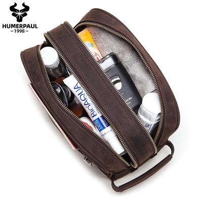 China Retro Crazy Horse HUMERPAUL Large Capacity Clutch Leather Travel Large Capacity Wash Bags Make Up Toiletry Bag Leather Cosmetic Bag for sale