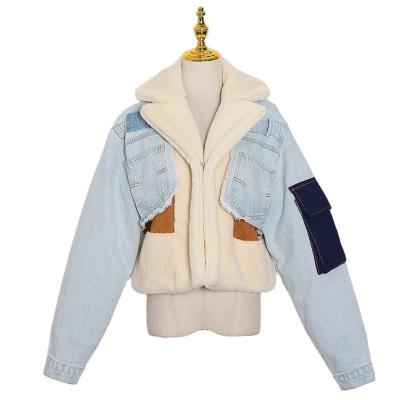 China RBX 2021 Sustainable Women Winter Clothes Brown Woolen Patchwork Jean Faux Fur Coats Denim Fleece Jacket For Women for sale