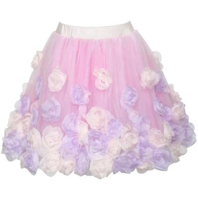 China Breathable Pink Flower Appliqued Tulle Layered Party Tutu Dance Skirt Girls Kids Tiered Dresses for sale