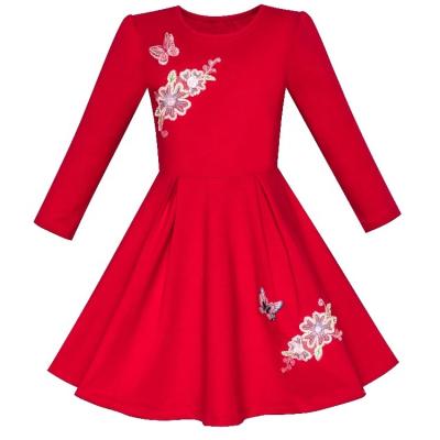 China Breathable Red Cotton Butterfly Holiday Christmas Party Girl Long Sleeve Embroidered Dress for sale