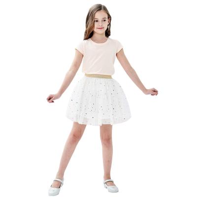 China Anti-wrinkle Gold Star Mesh Net Tulle Moon Tutu Dance Girls Fluffy White Short Skirt for sale