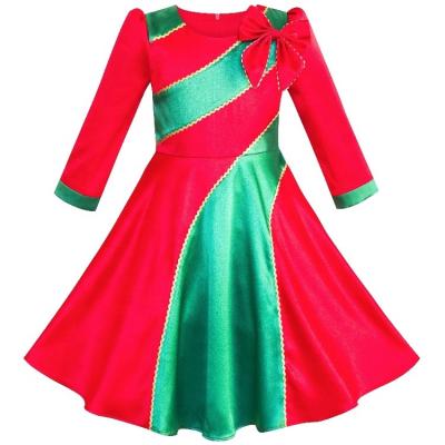 China Christmas Breathable Red Green Satin 3/4 Sleeve Bow Classic Year Party Girls Christmas Dress for sale