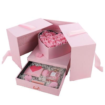 China Top End Handmade Double Layer Set Boxes Flower Perfume Middle Open Cardboard Drawer Jewelry Gift Packing Box With Ribbon for sale