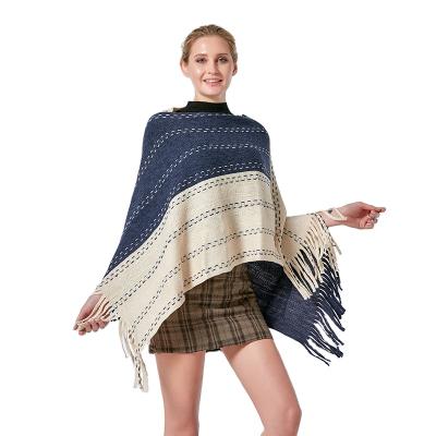 China Other OEM Fashion Women Stole Mexicano Cashmere Feeling Poncho Coat Stripe Knitting Pattern For Ladies for sale