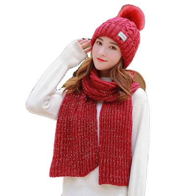 China Classic medium adult ladies with soft and warm handfeel lurex knit beanie hat+scarf set inside with fuzzy fur lining for winter season for sale