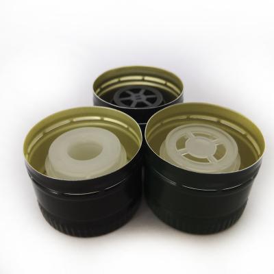 China Pilfer-proof Stocked Green / Gold / Black Color 31.5*24 mm Olive Oil Glass Aluminum Caps With Plastic Insert For Glass Bottle for sale